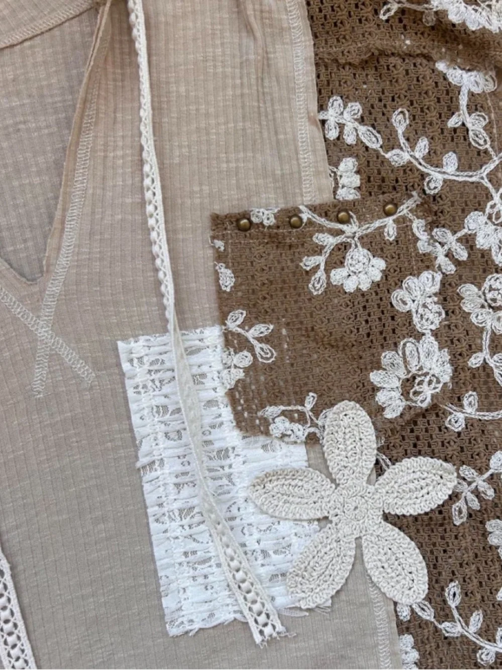 POL Beige and Brown Lace Panel Hooded Tunic